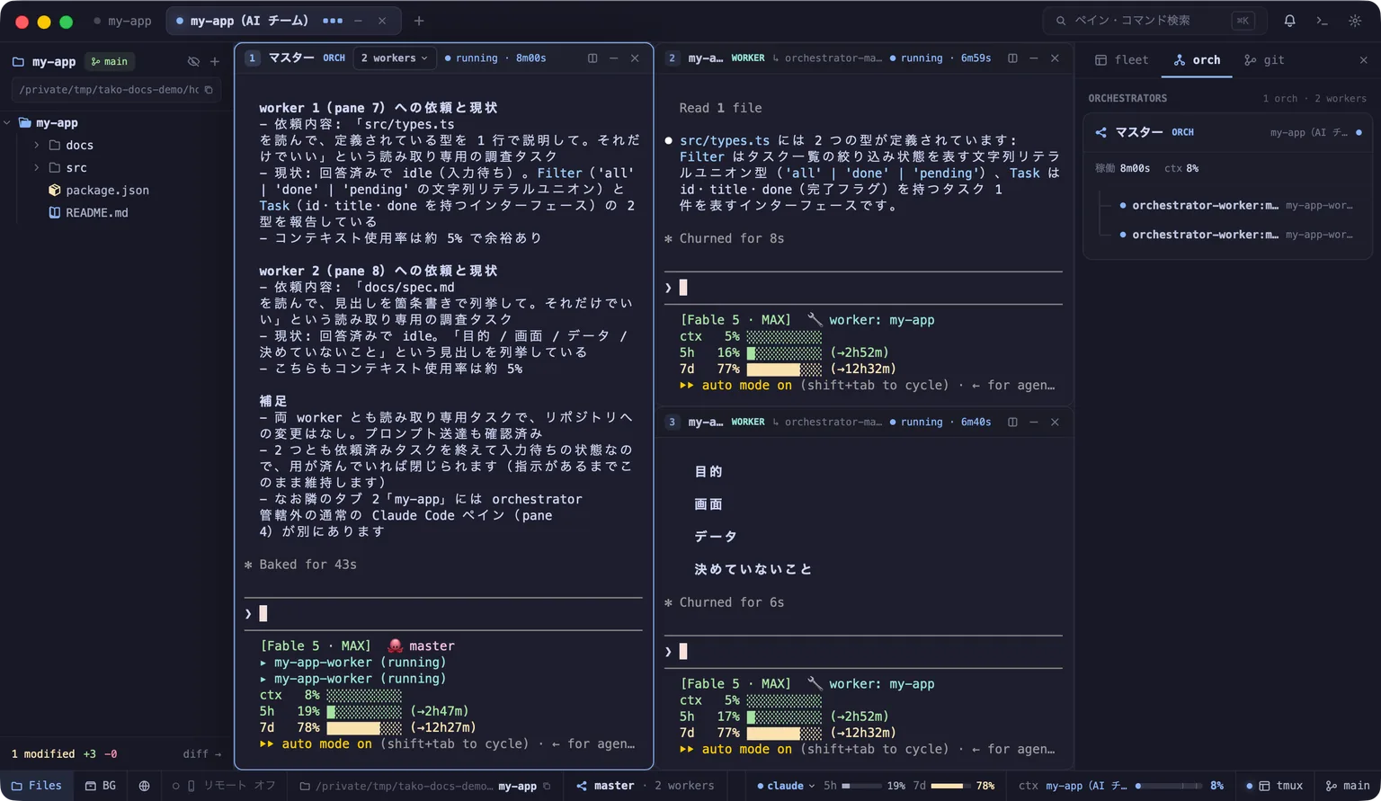 master ペインと 2 つの worker ペイン、右パネルの orch ビューが同時に表示されている画面